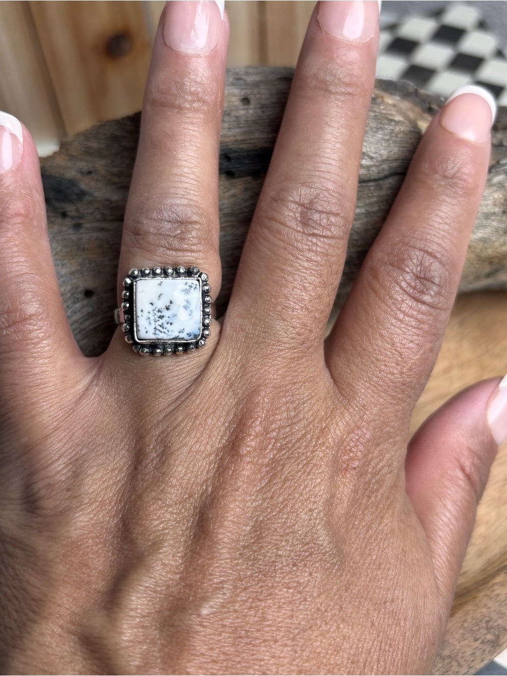 Silver White Agate Square Ring - White Womens 6 Hand Crafted